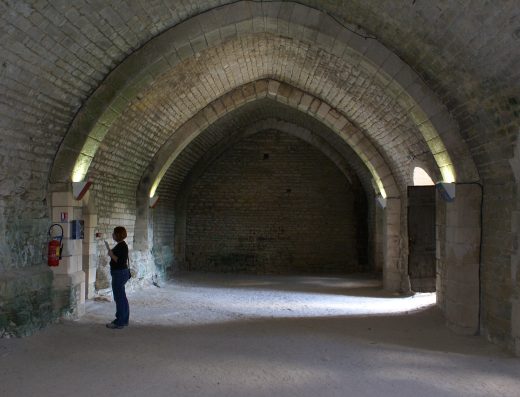 Grande salle voûtée d'abbaye, colonnes de pierre, photo de démonstration